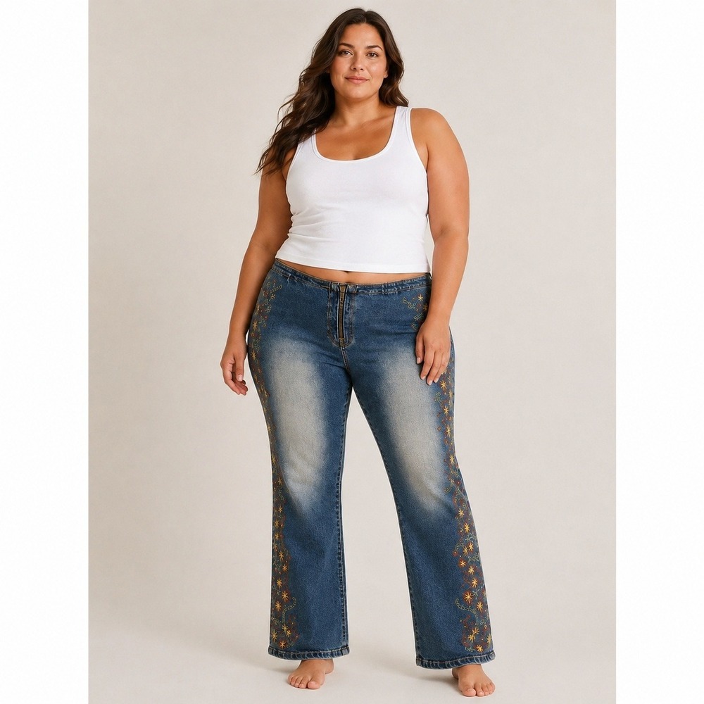 Z Cavaricci Vintage Embroidered Straight Leg Jeans Womens 22 Blue Y2K Boho
